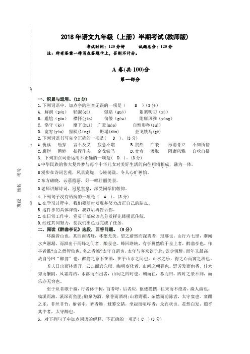 2018年语文九年级试卷