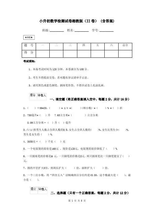 小升初数学检测试卷湘教版(II卷) (含答案)