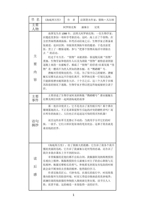〈海底两万里〉读书卡片