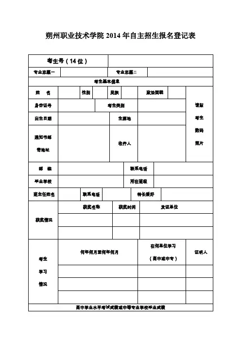 朔州职业技术学院2014年自主招生报名登记表