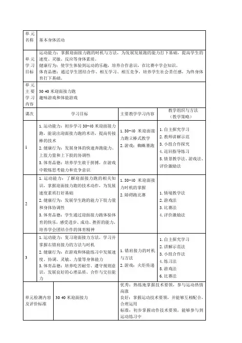 小学体育与健康四年级上30米迎面接力跑单元整体设计
