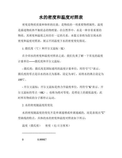 水的密度和温度对照表