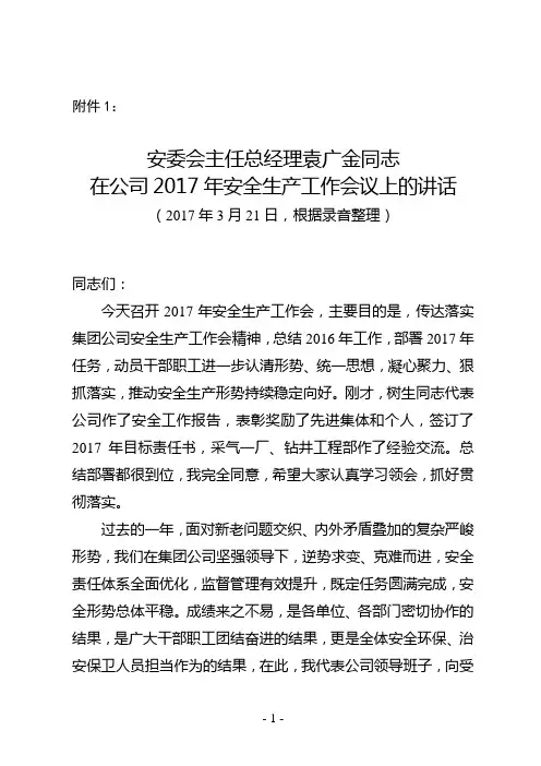 在公司2017年安全生产工作会上讲话(定)