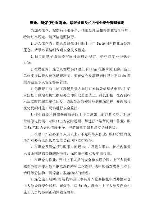 煤仓、溜煤(矸)眼蓬仓、堵眼处理及相关作业安全管理规定