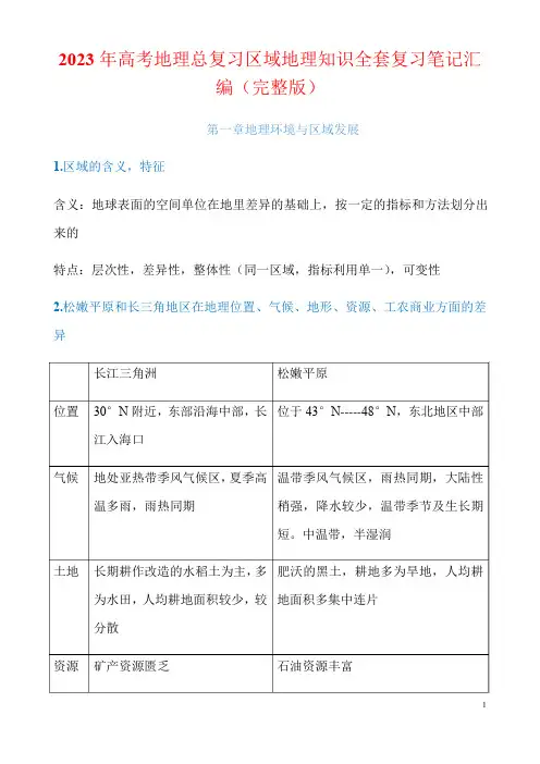 2023年高考地理总复习区域地理知识全套复习笔记汇编(完整版)