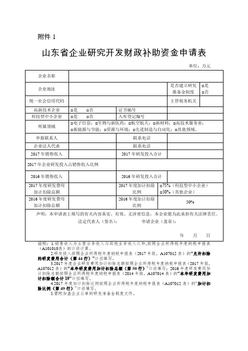 企业研究开发财政补助资金申请表模板