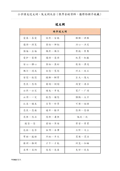 小学语文近义词、反义词大全(很齐全的资料-值得给孩子收藏)
