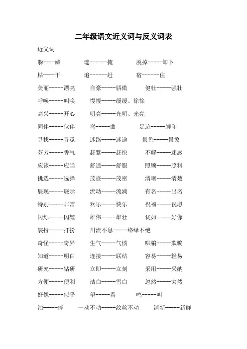 二年级语文近义词与反义词表