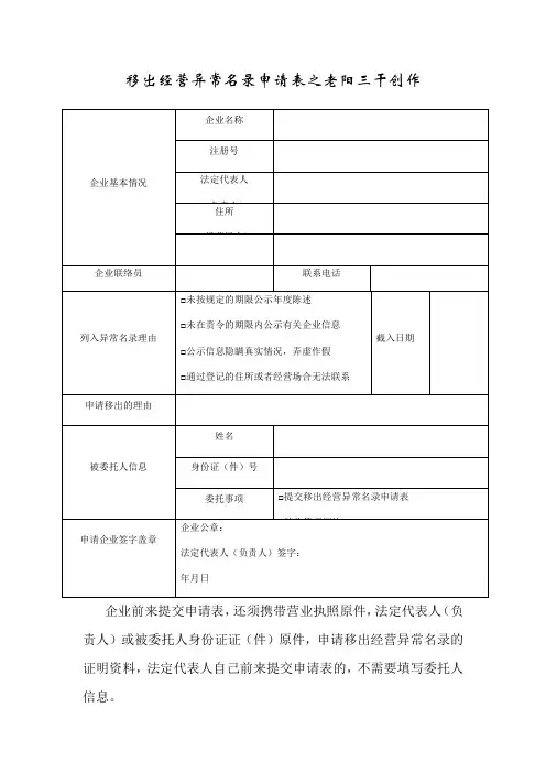 移出经营异常名录申请表