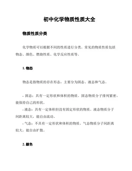 初中化学物质性质大全