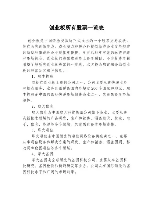 创业板所有股票一览表