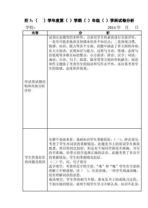 2014-2015年度第一学期期末试卷分析