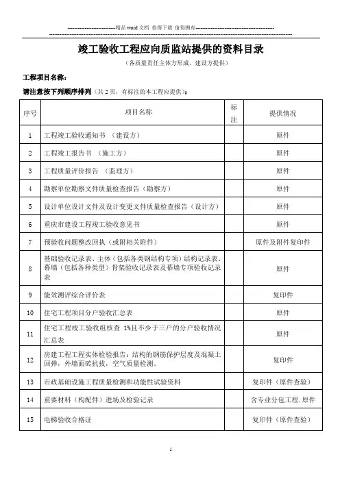 (2012年)竣工验收前向质监站提供的资料目录(表)