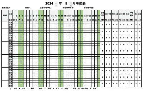 2024年8月员工考勤表(最新通用版)