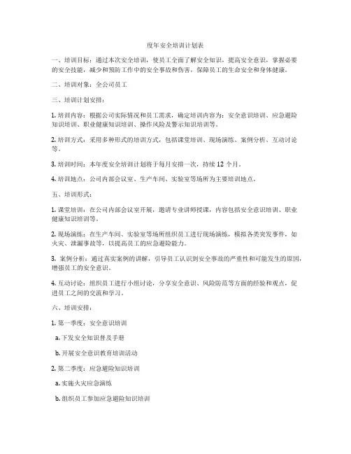 度年安全培训计划表