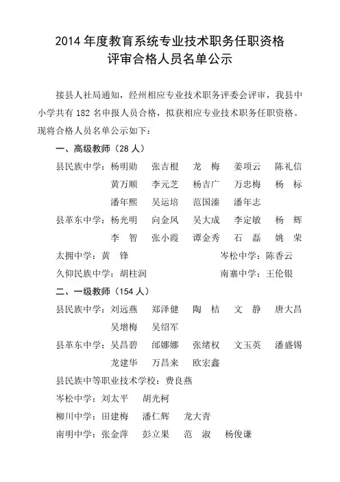 2014部分系列中高级职称评审结果公示