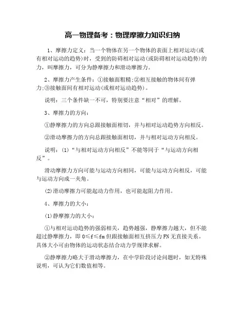 高一物理备考：物理摩擦力知识归纳