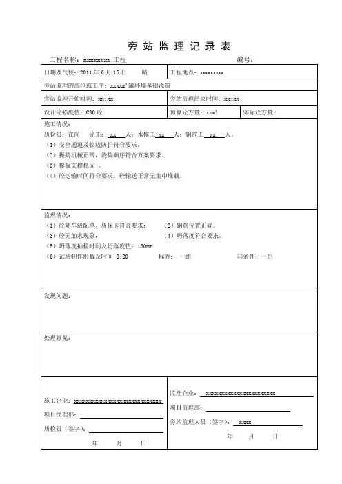 混凝土浇筑旁站监理记录表