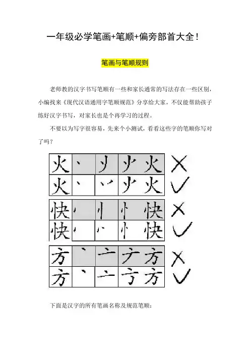 一年级必学笔画+笔顺+偏旁部首大全!