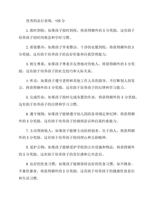 幼儿园孩子积分奖励制度表格