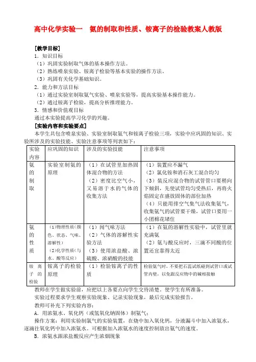 高二化学实验一  氨的制取和性质、铵离子的检验教案人教版