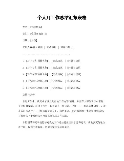 个人月工作总结汇报表格