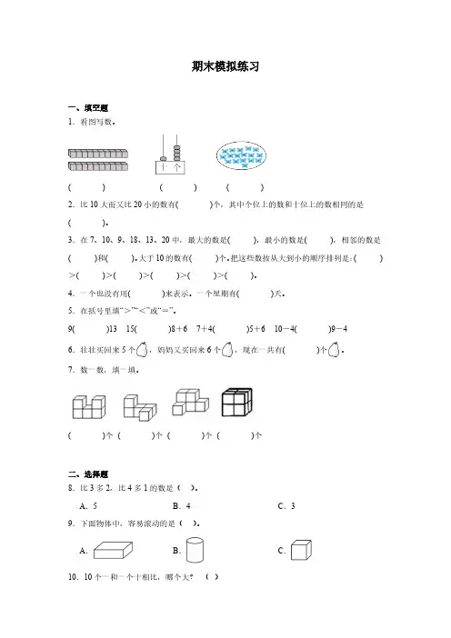 期末模拟练习(试题 含答案)-(2024版新教材)一年级上册数学人教版