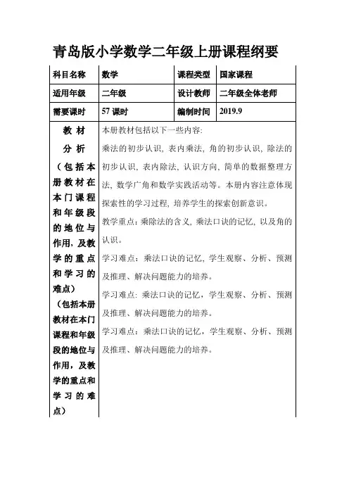 青岛版小学二年级数学上册课程纲要