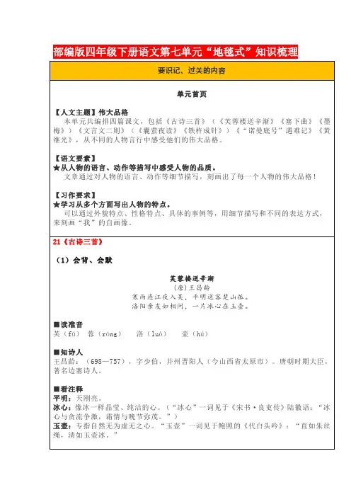 部编版四年级下册语文第7单元“地毯式”知识梳理
