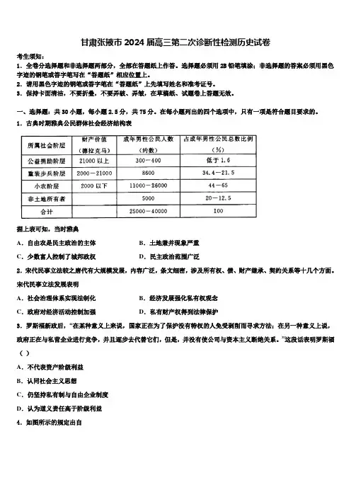甘肃张掖市2024届高三第二次诊断性检测历史试卷含解析