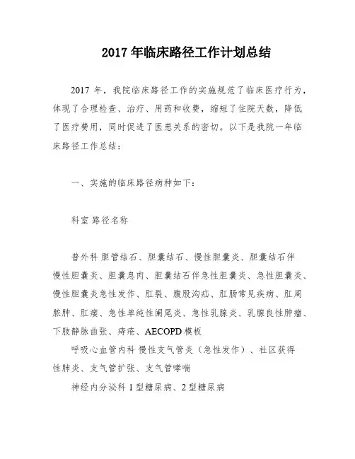 2017年临床路径工作计划总结