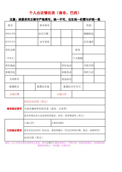 南非和巴西个人情况表
