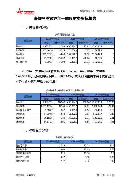 海航控股2019年一季度财务指标报告