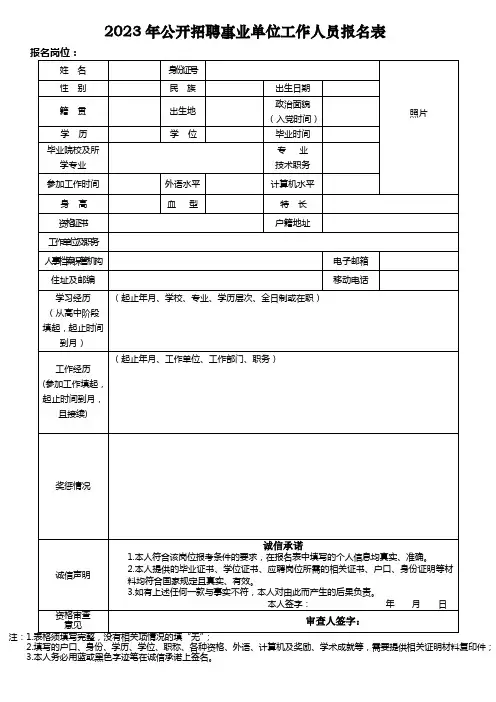 2023年公开招聘事业单位工作人员报名表1