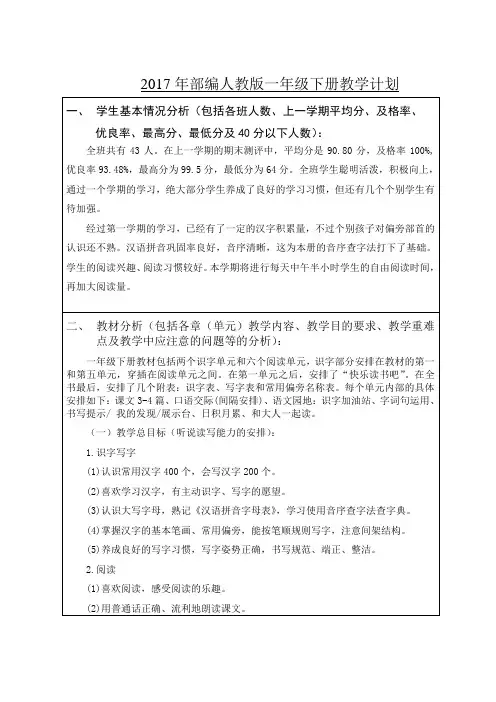2017年人教版新一年级语文下册教学计划