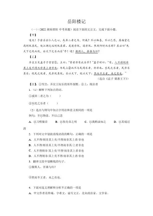 中考语文专题4岳阳楼记对比阅读(原卷版)