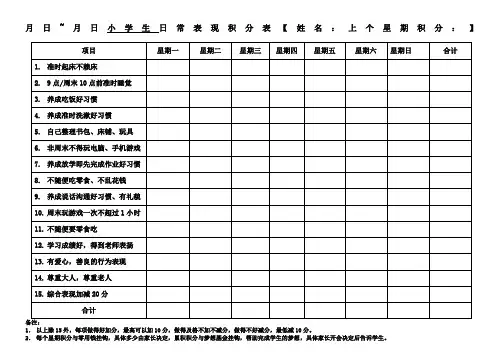 小学生日常表现积分表