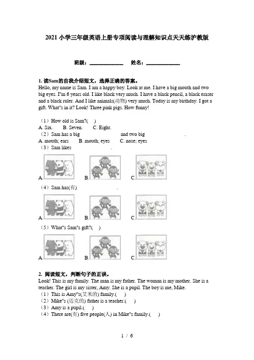 2021小学三年级英语上册专项阅读与理解知识点天天练沪教版