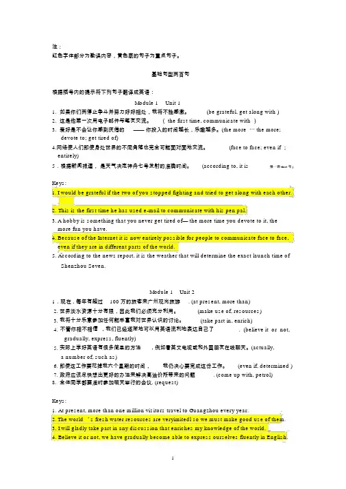 (修改版)英语基础句型200句(人教版英语必修1至必修5句子翻译练习答案)