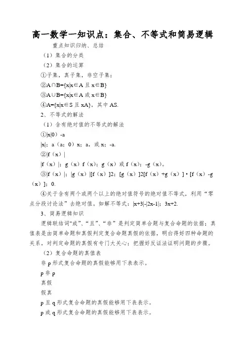 高一数学一知识点：集合、不等式和简易逻辑