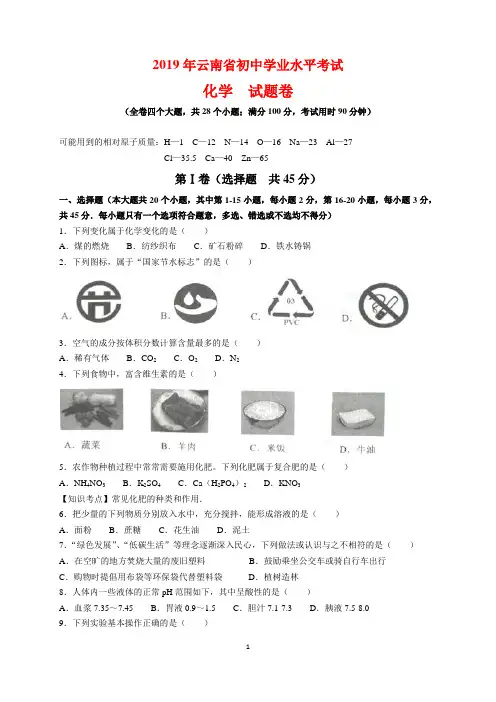 2019年云南省中考化学试题及参考答案(word解析版)