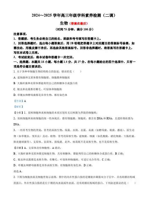 河北省衡水市2024-2025学年高三上学期9月第二次调研考试生物试题含答案