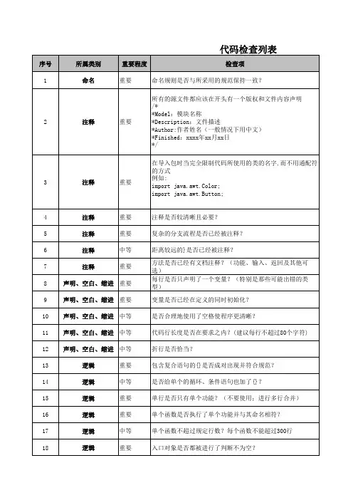 代码走查检查表模板