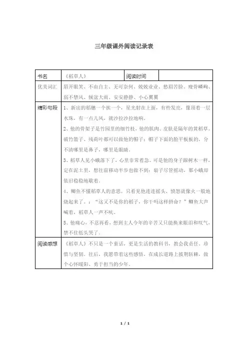三年级课外阅读记录表