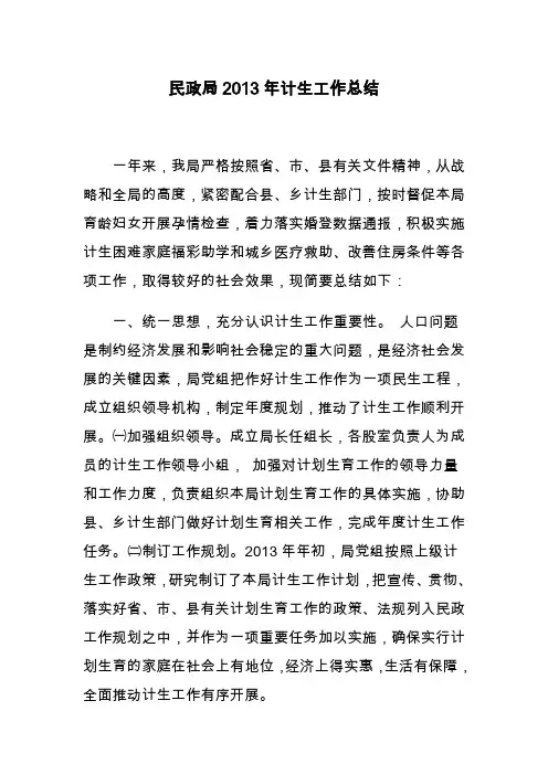 民政局2013年计生工作总结