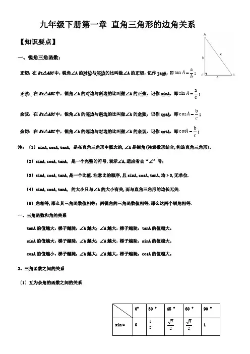 北师版九年级下册第一章直角三角形的边角关系知识点及习题