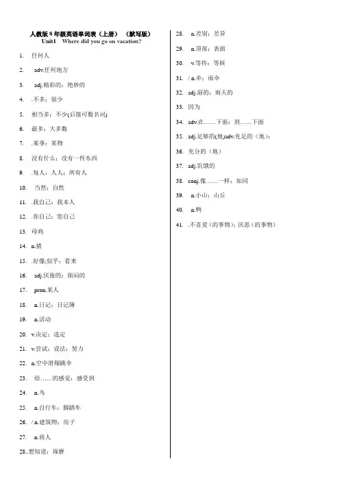 人教版8年级英语单词表(上册)默写版