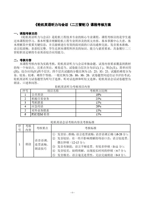 轮机英语听力与会话 课程考核方案(二三管轮)汇总