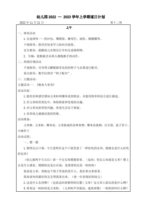 幼儿园中班第12周逐日计划