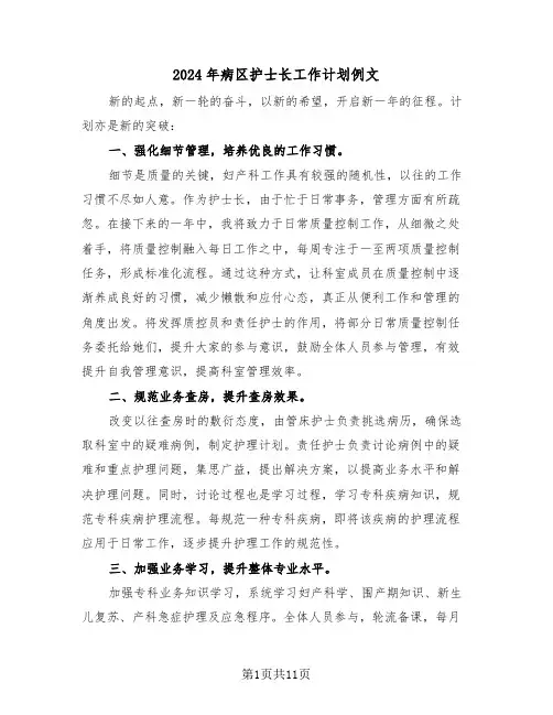 2024年病区护士长工作计划例文（六篇）
